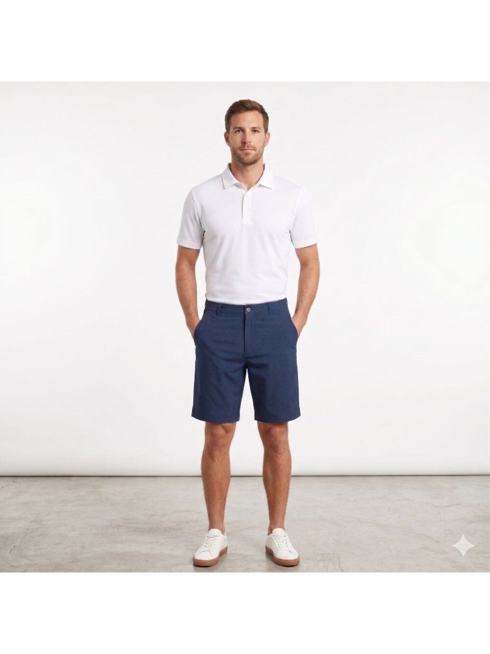 Pebble Beach Shorts Mens 32 Navy Blue Polka Dots Flat Front Casual Chino Stretch